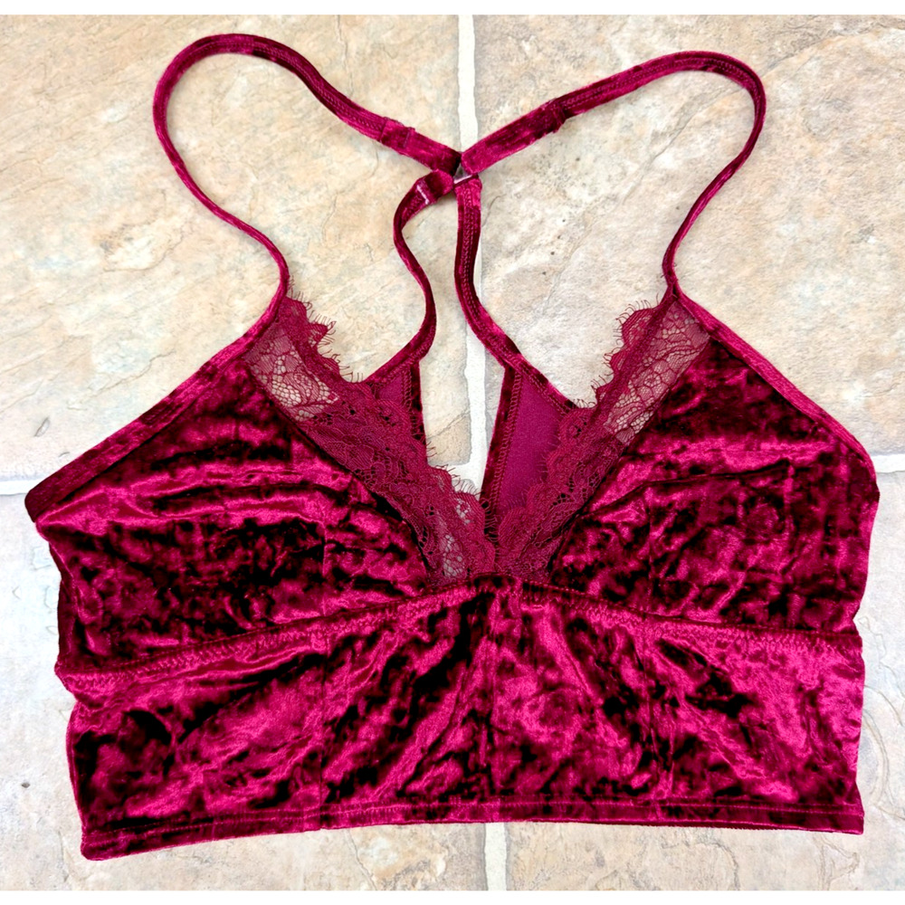 Aerie sz S Crushed Velvet Racerback Bralette lace burgundy red soft 2061